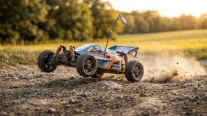 RC buggy kicking up dust as it races across a dirt track