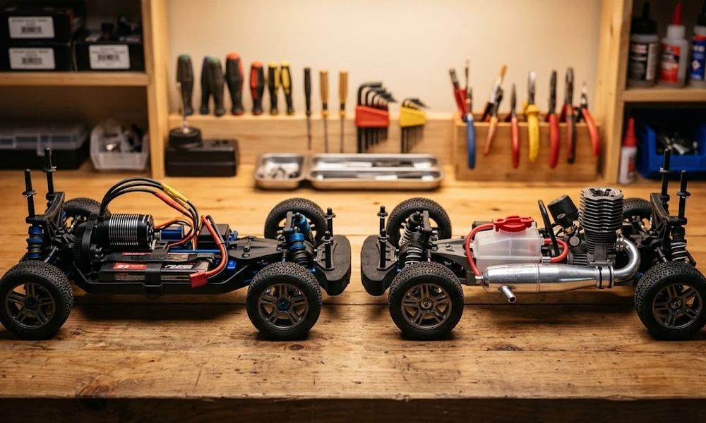 Hands inspecting the electric motor of an RC truck on a workbench