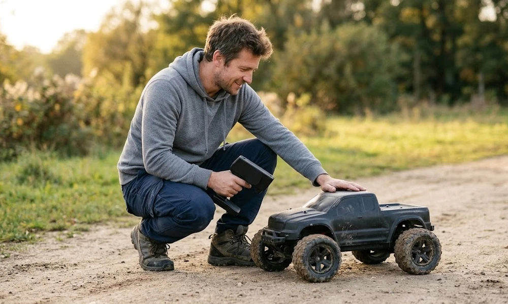 : Hobbyist crouching beside an RC truck on a dirt path after a drive