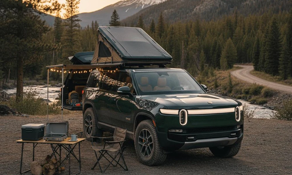 Rivian R1S electric SUV parked at a campsite with outdoor equipment.