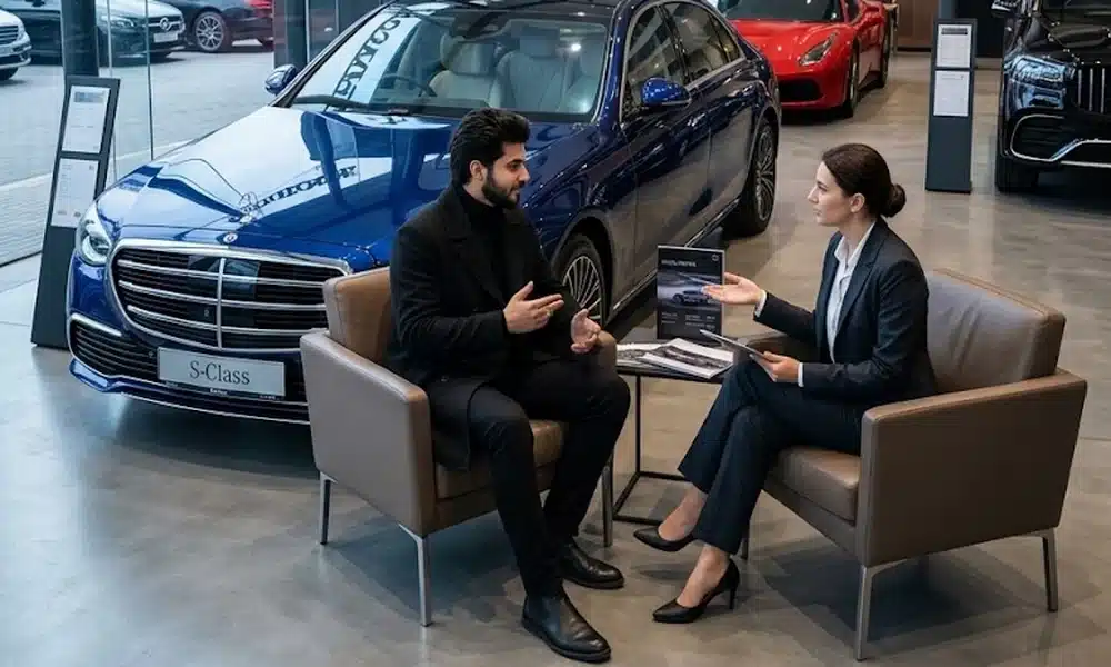 Blue luxury sedan car featured inside a modern dealership showroom