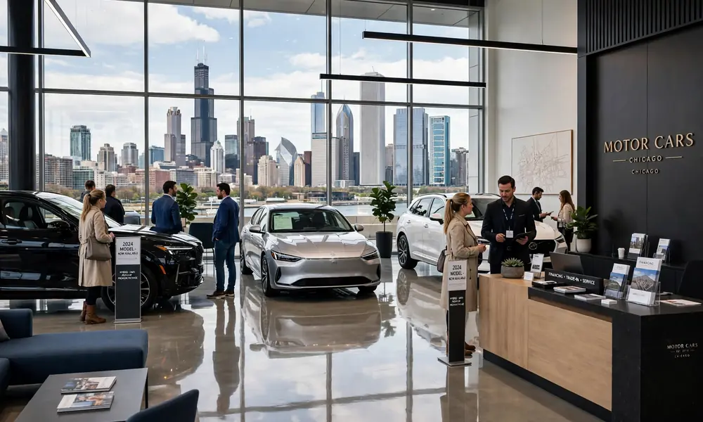 Modern car showroom in Chicago where buyers can shop for motor cars of Chicago with Chicago skyline view