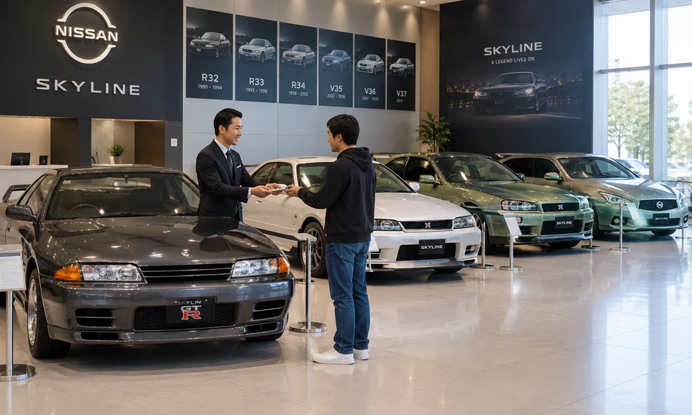 Customer receiving paperwork from a salesperson in a Nissan Skyline showroom, with multiple Skyline cars displayed side by side.
