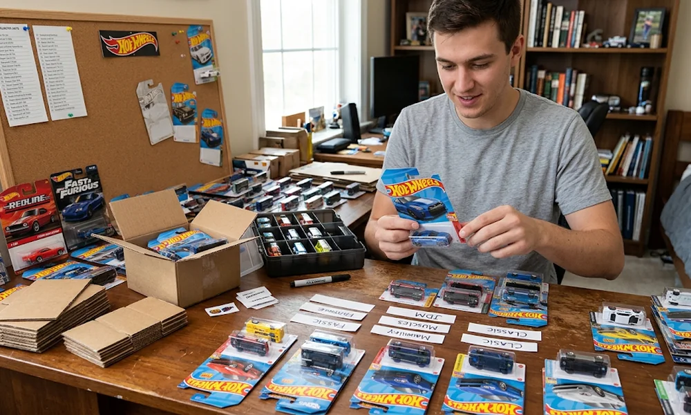 Collector sorting packaged Hot Wheels cars by theme at a desk with storage case and labels