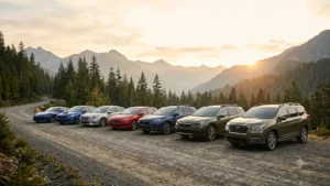 Lineup of Subaru cars, including SUVs, a sedan, and sports cars, parked on a mountain gravel road at sunset