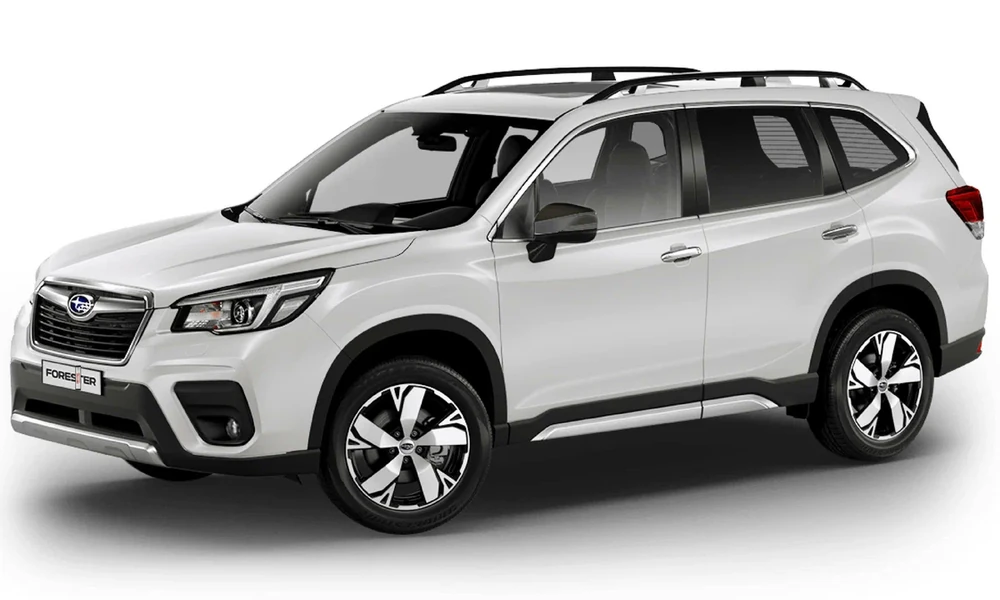 White Subaru Forester SUV with roof rails on a plain white background