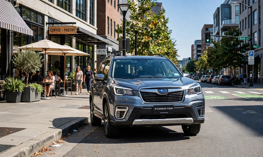 Gray Subaru Forester compact SUV parked on an urban residential street, front three-quarter view, high ground clearance and roof rails visible, natural morning daylight.