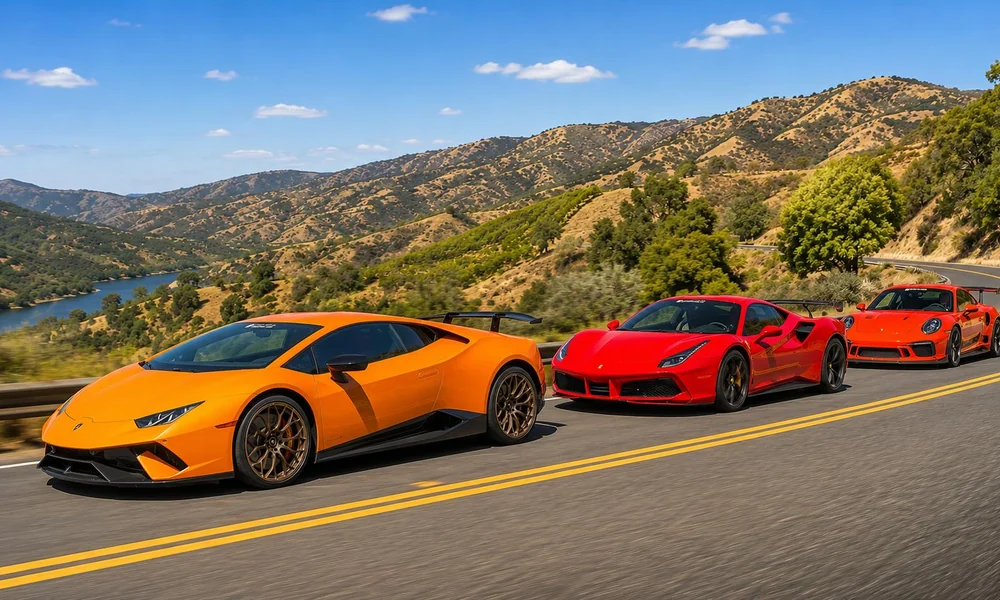 Ferrari, Lamborghini, McLaren, and Porsche supercars parked together on a scenic road.