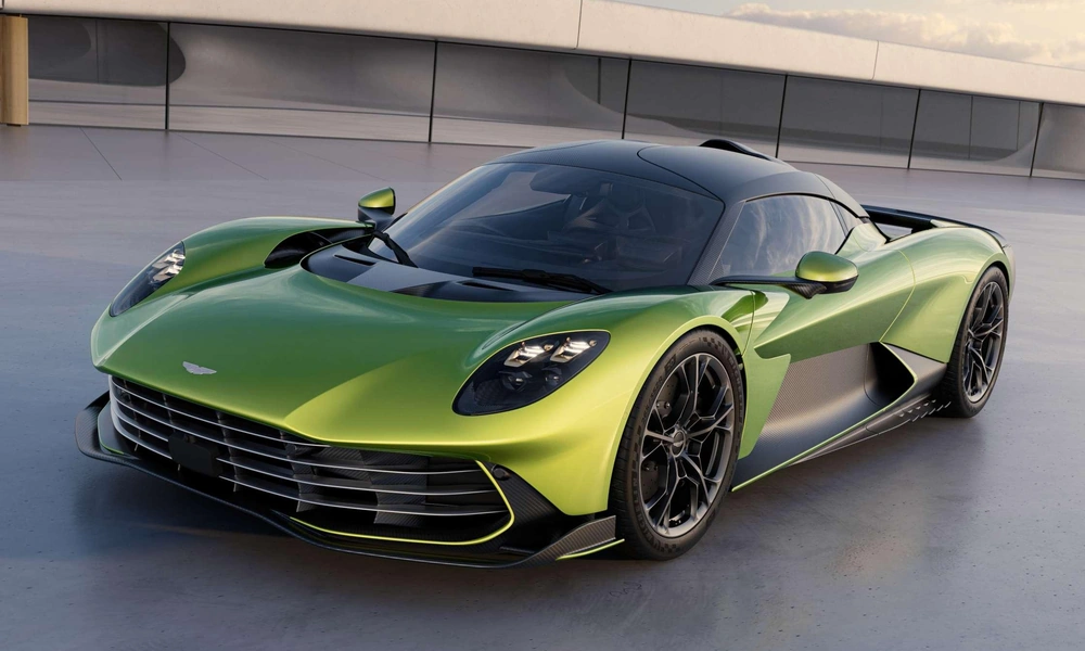 Dark green Aston Martin Valhalla hybrid supercar.