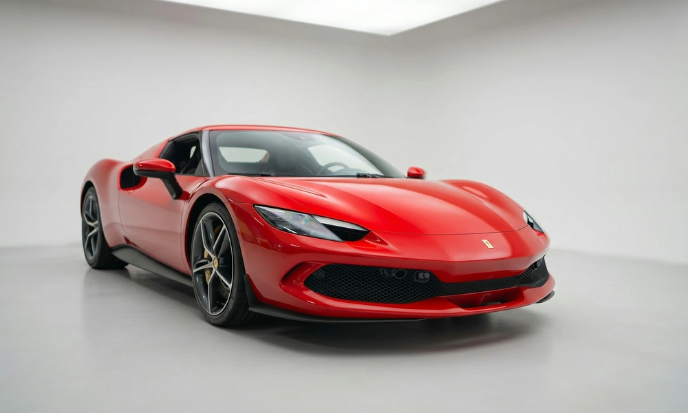 Red Ferrari 296 GTB hybrid supercar.