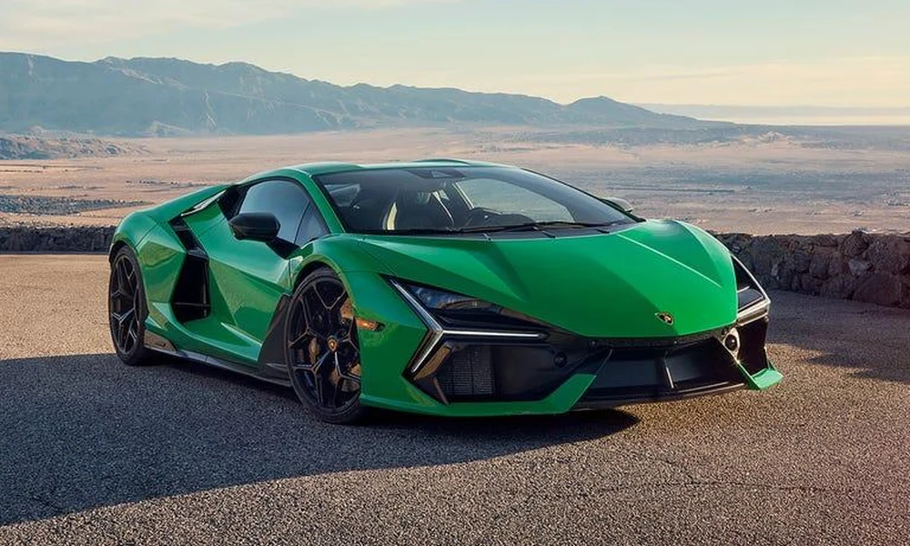 Green Lamborghini Revuelto hybrid supercar.