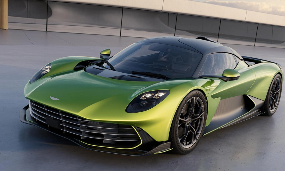Dark green Aston Martin Valhalla supercar.