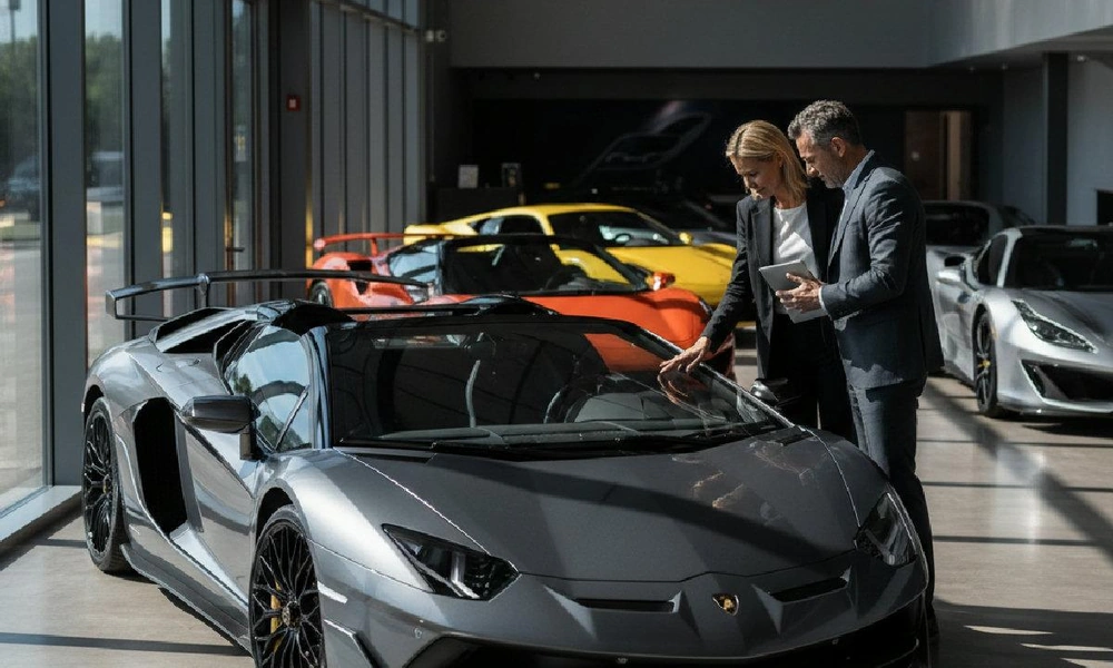Luxury supercar displayed inside a premium showroom.