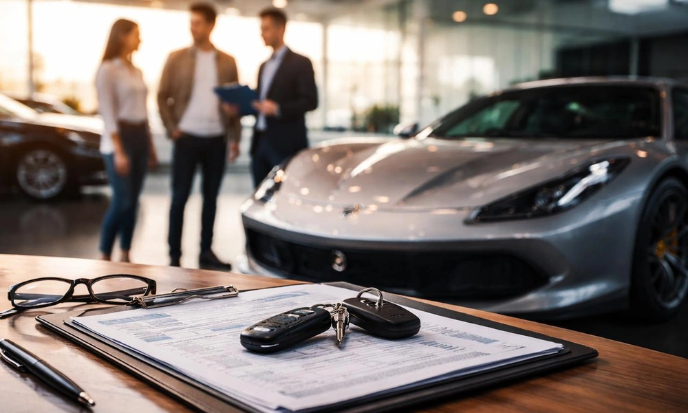 Supercar key and vehicle inspection checklist on a desk.