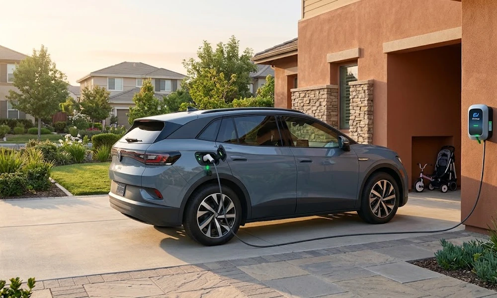 Gray electric SUV plugged into a wall charger beside a house, with a child’s bike and stroller nearby