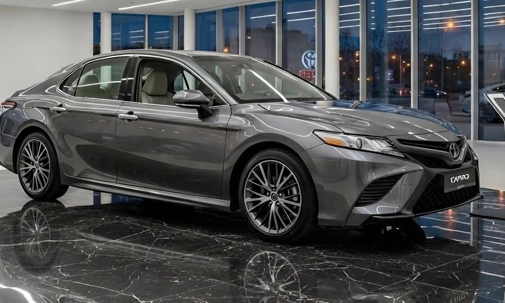 Gray Toyota Camry Hybrid sedan parked on a polished floor in a showroom