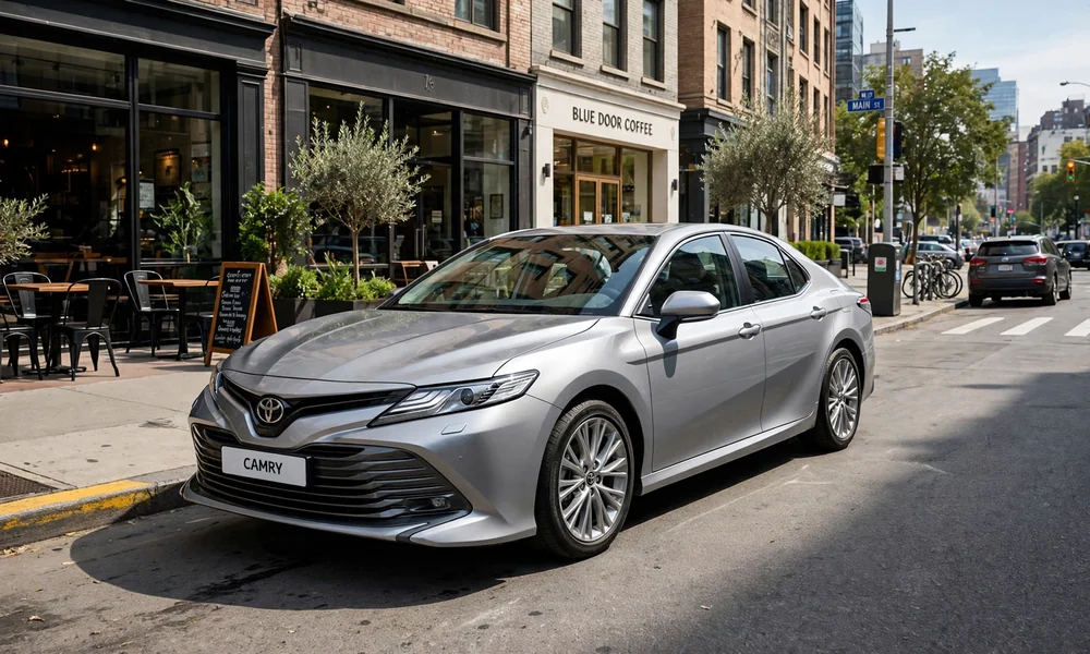 Silver Toyota Camry sedan parked curbside in an urban setting with shops and outdoor seating, front three-quarter view in natural daylight.