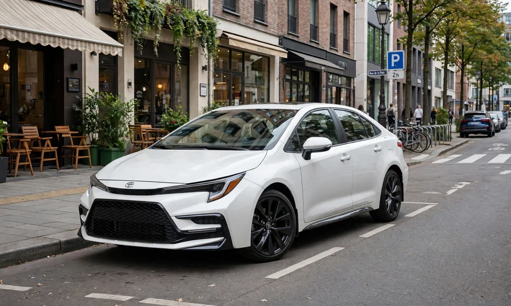 White Toyota Corolla sedan parked on the side of a city street with cafes and shops in the background, front three-quarter view in natural daylight.