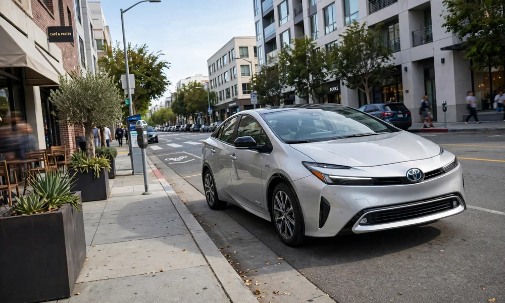 Silver Toyota Prius hybrid sedan parked on a city street during daytime, front three-quarter view, modern aerodynamic design, natural lighting, urban café background