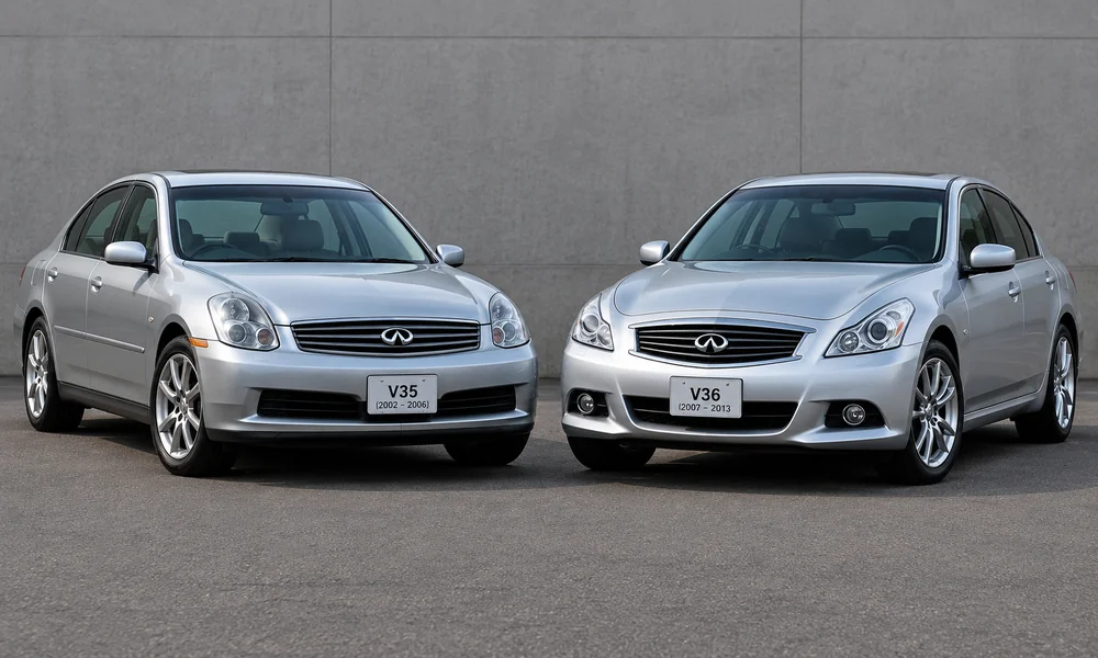 Silver Infiniti V35 and V36 sedans displayed side by side, highlighting their distinct grilles, headlights, and body styling.