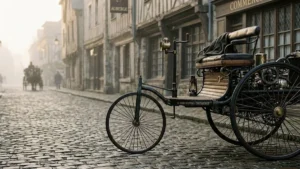 Benz Patent-Motorwagen three-wheeled automobile, widely recognized as the first practical gasoline-powered car invented by Karl Benz in 1885-1886, parked on a historic cobblestone street