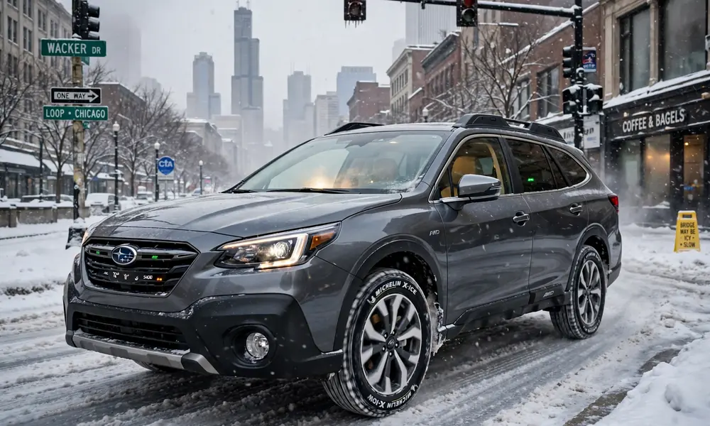 Car with winter tires handling snow on Chicago road with all-wheel drive