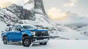 Pickup truck travelling through snowy winter conditions.