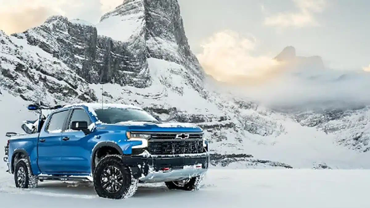 Pickup truck travelling through snowy winter conditions.