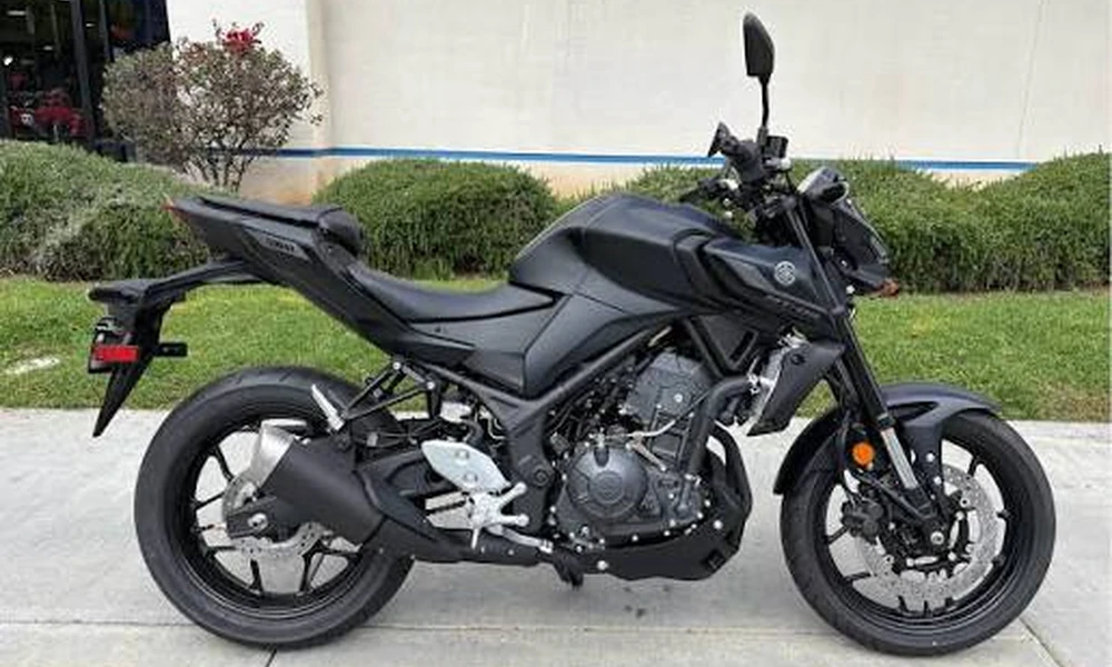 Black Yamaha MT-03 naked motorcycle with a compact frame and black wheels, side view parked on pavement in front of green hedges